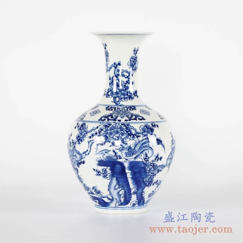 手绘青花花鸟花瓶;产品编号:RYCI44-A 产品尺寸(单位cm): 高:31.7直径:19.2口径:底径:9.5重量:2.2KG