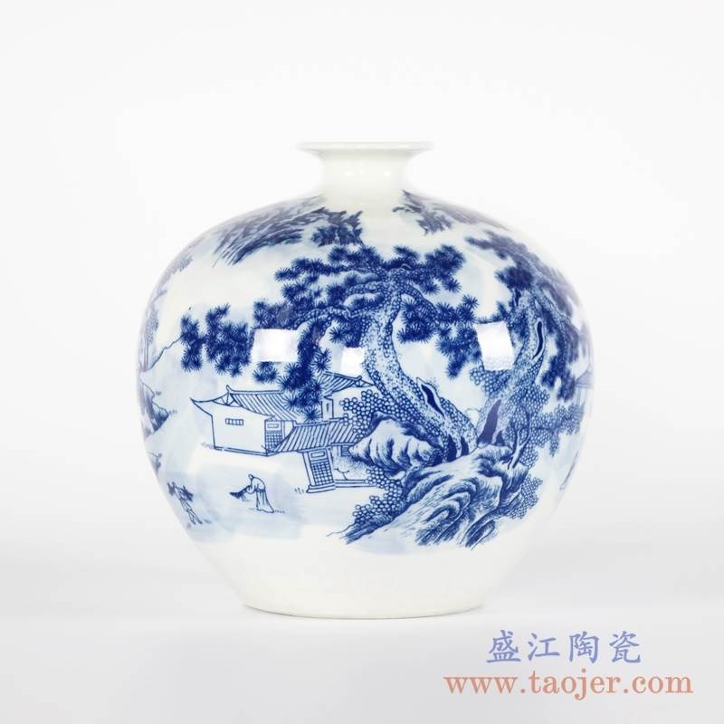 手绘青花山水圆球瓶;产品编号：RYCI46-b       产品尺寸(单位cm):  高：21.7直径：21.7口径：底径：11重量：2.28KG