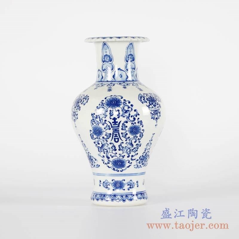 手绘青花寿字缠枝花瓶;产品编号：RYCI47-A       产品尺寸(单位cm):  高：31直径：17.6口径：底径：10.5重量：2.18KG