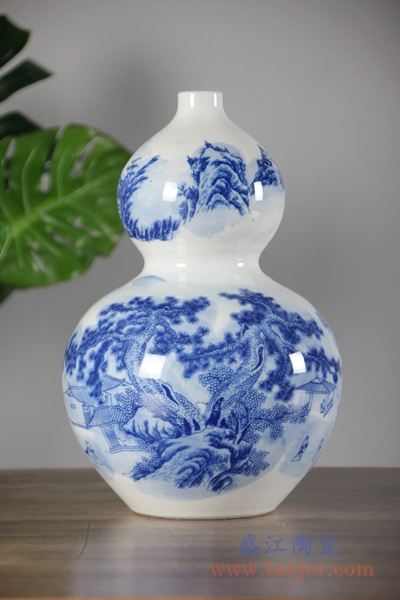 青花山水葫芦瓶花瓶;产品编号：RYCI50-A       产品尺寸(单位cm):  高：30.5直径：20口径：底径：9.5重量：2.36KG