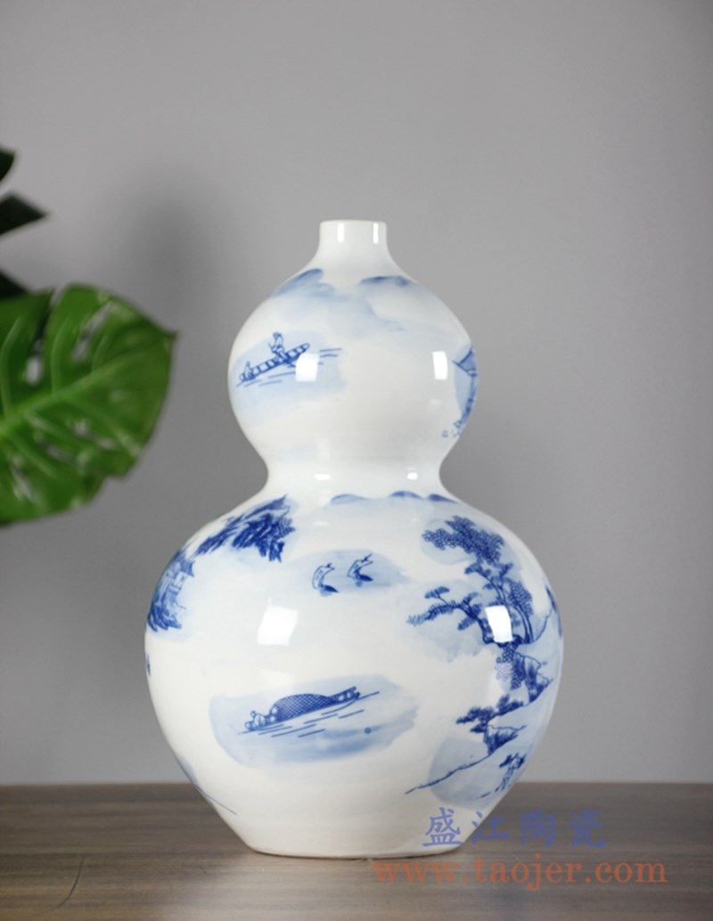 青花山水葫芦瓶花瓶;产品编号：RYCI50-A       产品尺寸(单位cm):  高：30.5直径：20口径：底径：9.5重量：2.36KG