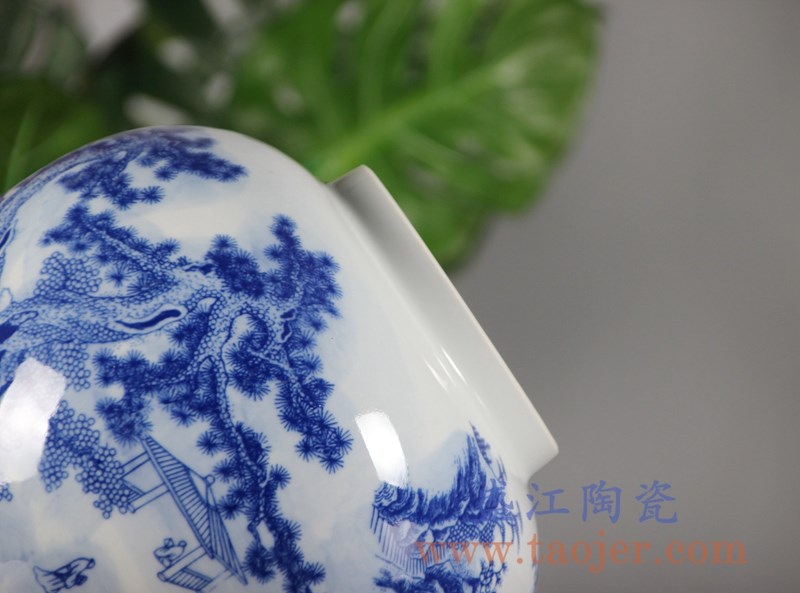 青花山水茶叶罐储物罐带盖密封;产品编号：RYCI51-a       产品尺寸(单位cm):  高：24.7直径：22口径：底径：11重量：2.66KG