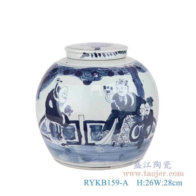 青花三星送子人物眀罐茶叶罐;产品编号：RYKB159-A       产品尺寸(单位cm):  高：26直径：28口径：底径：20.5重量：5.36KG