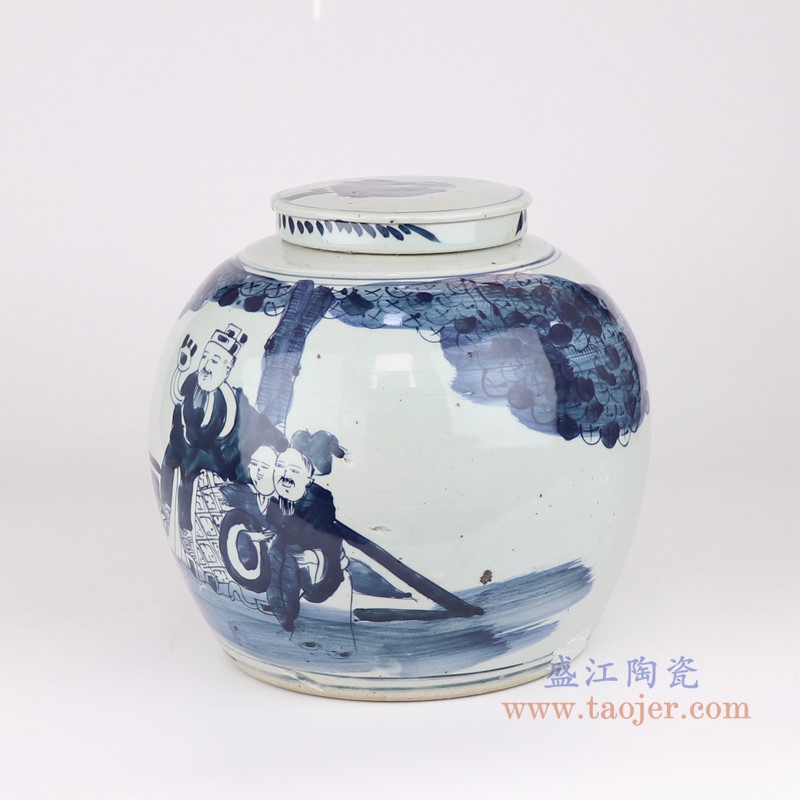 青花三星送子人物眀罐茶叶罐;产品编号：RYKB159-A       产品尺寸(单位cm):  高：26直径：28口径：底径：20.5重量：5.36KG