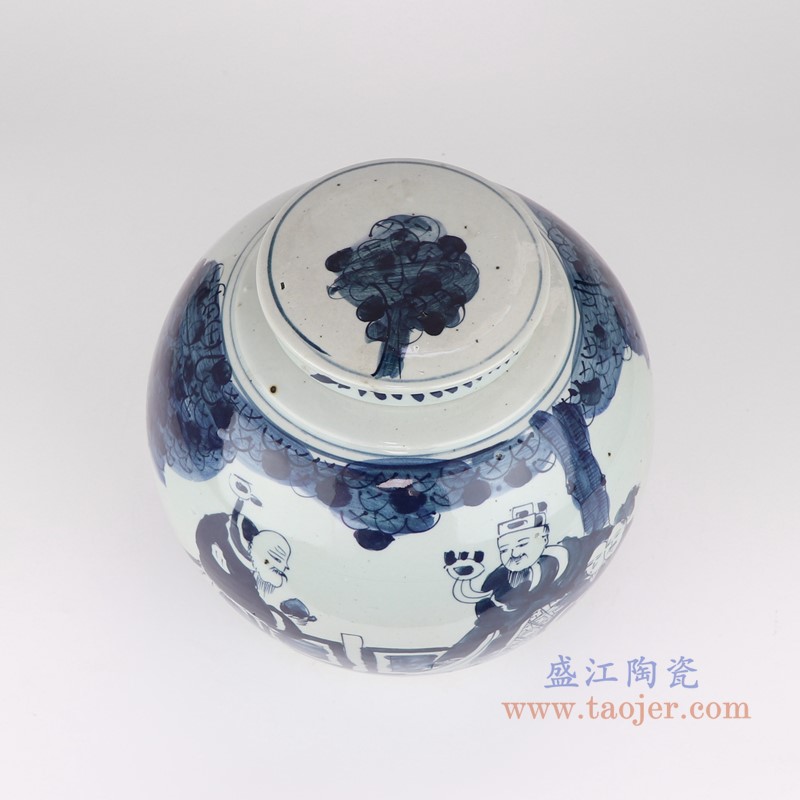 青花三星送子人物眀罐茶叶罐;产品编号：RYKB159-A       产品尺寸(单位cm):  高：26直径：28口径：底径：20.5重量：5.36KG
