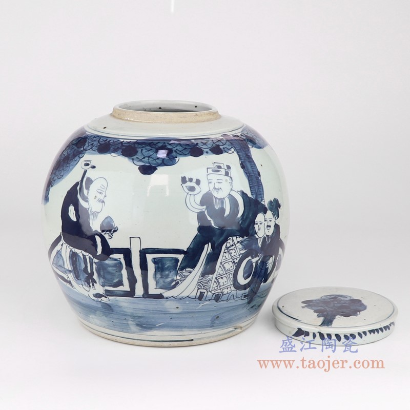 青花三星送子人物眀罐茶叶罐;产品编号：RYKB159-A       产品尺寸(单位cm):  高：26直径：28口径：底径：20.5重量：5.36KG