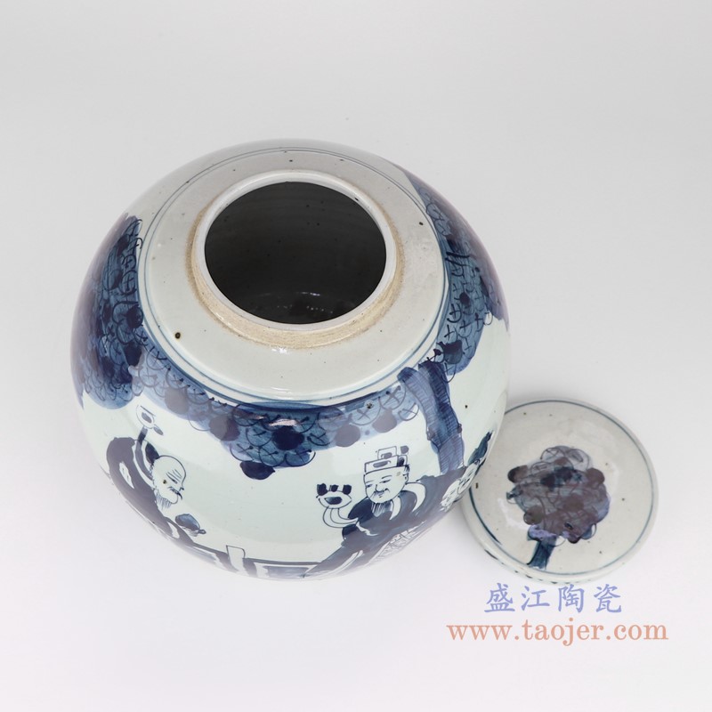 青花三星送子人物眀罐茶叶罐;产品编号：RYKB159-A       产品尺寸(单位cm):  高：26直径：28口径：底径：20.5重量：5.36KG