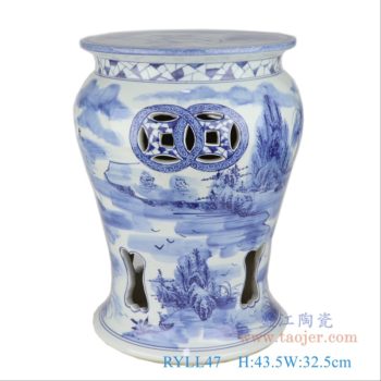 RYLL47    青花镂空铜钱孔山水凉墩凳子     高：43.5直径：32.5口径：底径：28.5重量：14KG