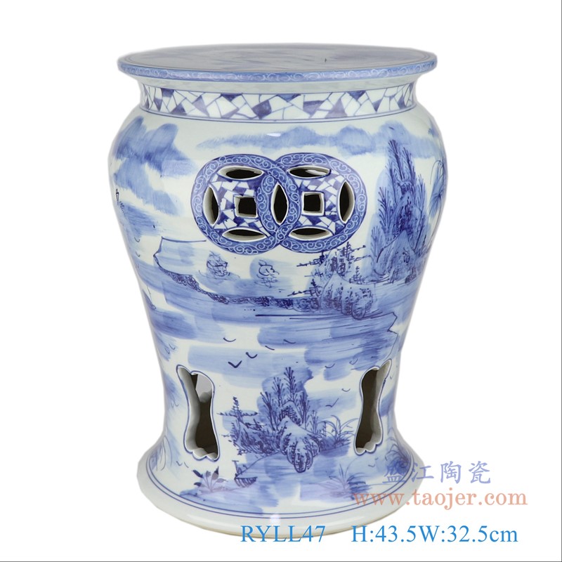 青花镂空铜钱孔山水凉墩凳子;产品编号:RYLL47 产品尺寸(单位cm): 高:43.5直径:32.5口径:底径:28.5重量:14KG