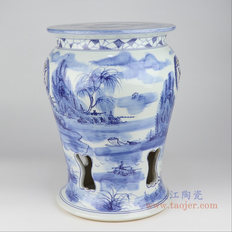 青花镂空铜钱孔山水凉墩凳子;产品编号:RYLL47 产品尺寸(单位cm): 高:43.5直径:32.5口径:底径:28.5重量:14KG