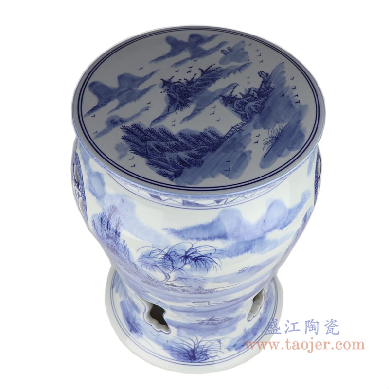 青花镂空铜钱孔山水凉墩凳子;产品编号:RYLL47 产品尺寸(单位cm): 高:43.5直径:32.5口径:底径:28.5重量:14KG