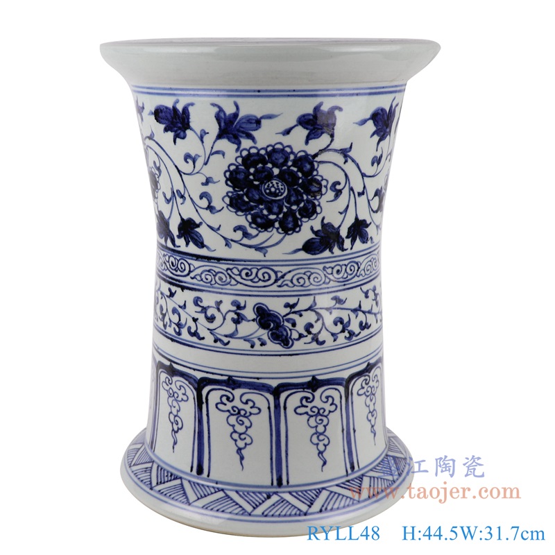 仿古青花缠枝莲凳子;产品编号：RYLL48       产品尺寸(单位cm):  高：44.5直径：31.7口径：底径：31.7重量：15.1KG
