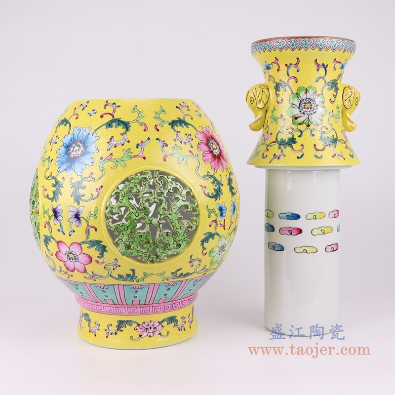 粉彩珐琅彩黄底象耳扒花缠枝莲玉壶春瓶镂空套瓶转心瓶;产品编号：RYLW21       产品尺寸(单位cm):  高：44.3直径：25.6口径：底径：15.2重量：7.15KG