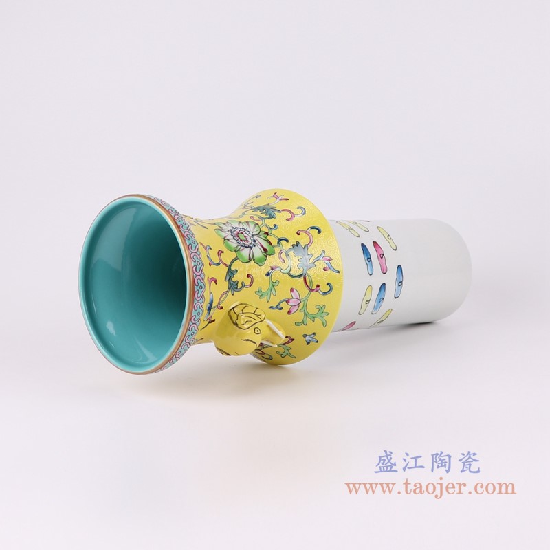 粉彩珐琅彩黄底象耳扒花缠枝莲玉壶春瓶镂空套瓶转心瓶;产品编号：RYLW21       产品尺寸(单位cm):  高：44.3直径：25.6口径：底径：15.2重量：7.15KG