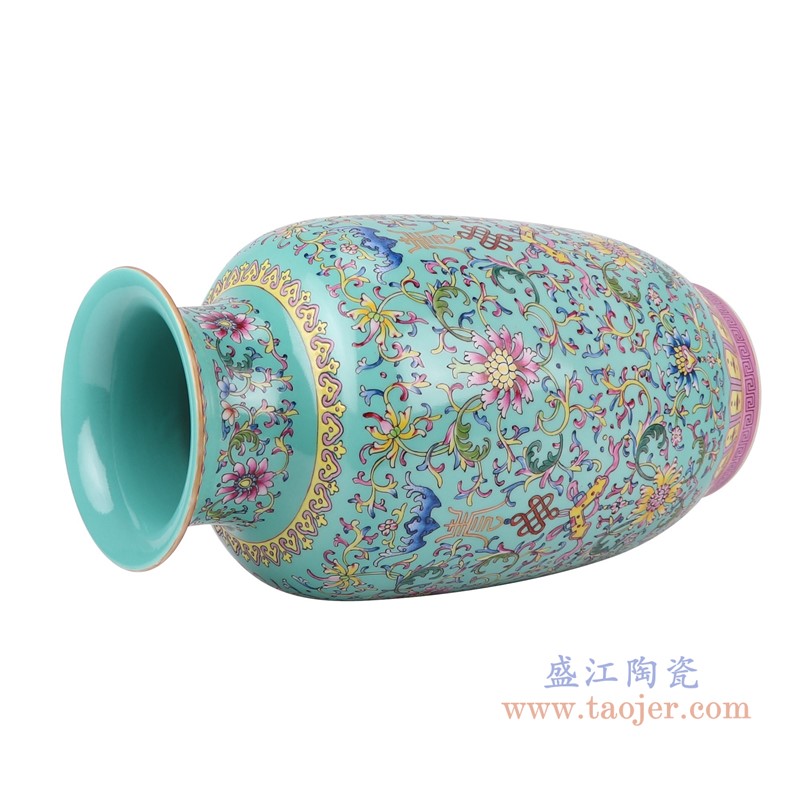 粉彩珐琅彩绿底寿字缠枝莲纹冬瓜瓶;产品编号：RYLW23       产品尺寸(单位cm):  高：41.9直径：22.5口径：底径：14.8重量：4.35KG