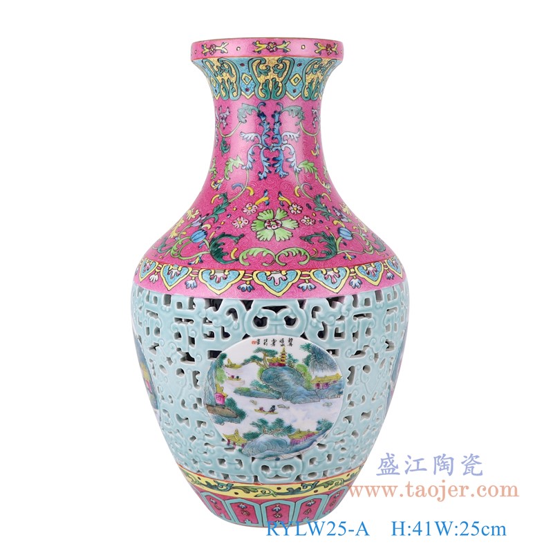 粉彩珐琅彩扒花红蓝底缠枝莲镂空雕刻开窗山水花瓶;产品编号:RYLW25-A 产品尺寸(单位cm): 高:41直径:25口径:底径:12重量:5.85KG