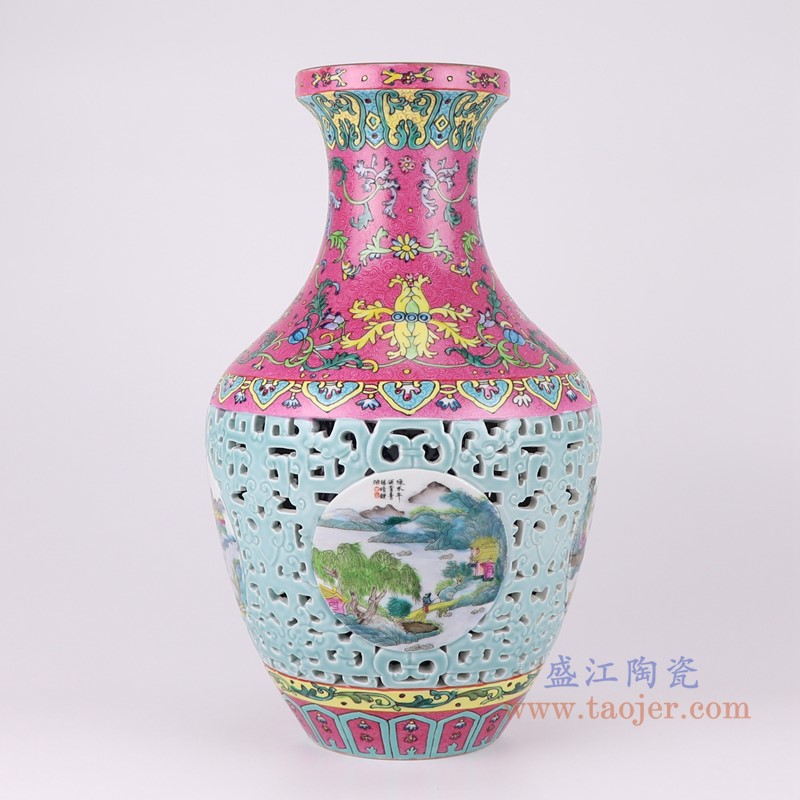 粉彩珐琅彩扒花红蓝底缠枝莲镂空雕刻开窗山水花瓶;产品编号:RYLW25-A 产品尺寸(单位cm): 高:41直径:25口径:底径:12重量:5.85KG