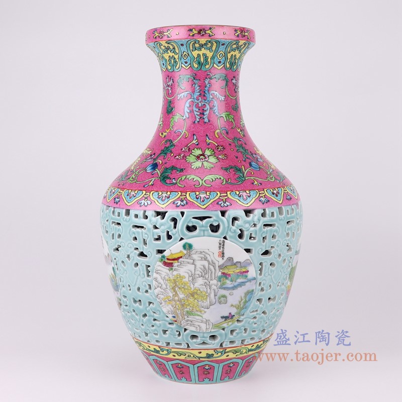粉彩珐琅彩扒花红蓝底缠枝莲镂空雕刻开窗山水花瓶;产品编号:RYLW25-A 产品尺寸(单位cm): 高:41直径:25口径:底径:12重量:5.85KG