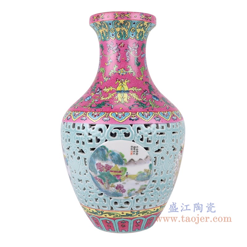 粉彩珐琅彩扒花红蓝底缠枝莲镂空雕刻开窗山水花瓶;产品编号:RYLW25-A 产品尺寸(单位cm): 高:41直径:25口径:底径:12重量:5.85KG
