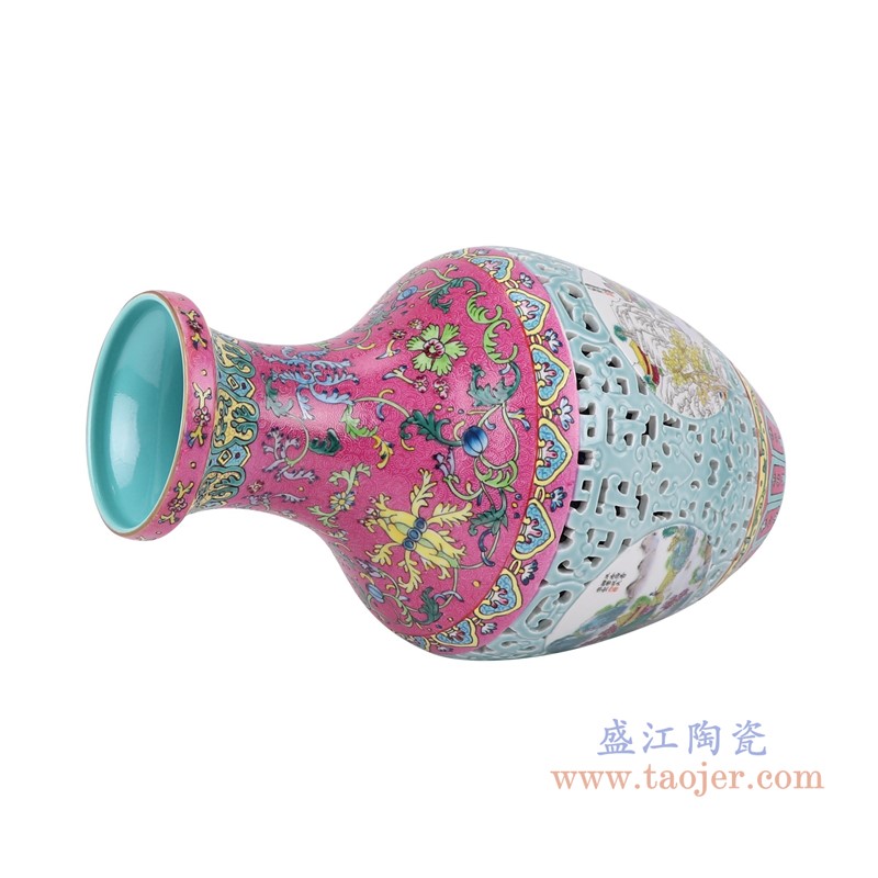 粉彩珐琅彩扒花红蓝底缠枝莲镂空雕刻开窗山水花瓶;产品编号:RYLW25-A 产品尺寸(单位cm): 高:41直径:25口径:底径:12重量:5.85KG
