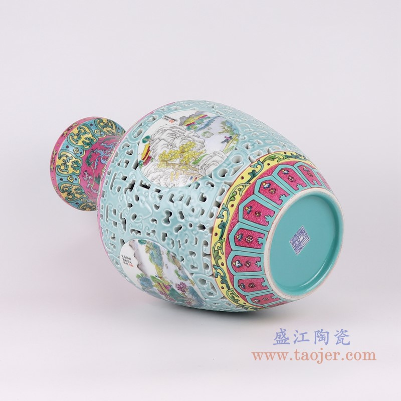 粉彩珐琅彩扒花红蓝底缠枝莲镂空雕刻开窗山水花瓶;产品编号:RYLW25-A 产品尺寸(单位cm): 高:41直径:25口径:底径:12重量:5.85KG