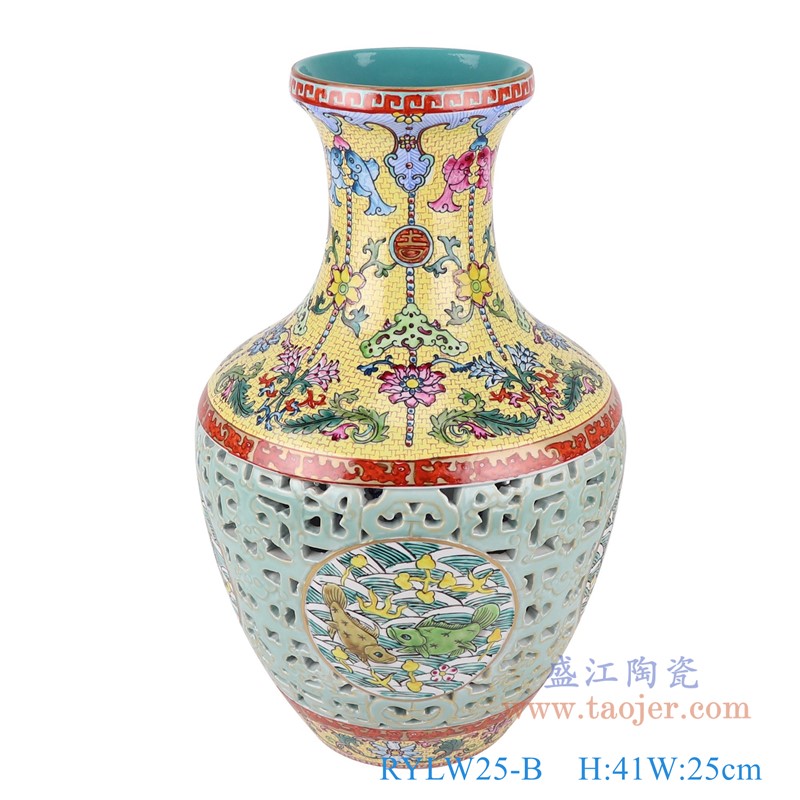 粉彩珐琅彩雕刻黄蓝底开窗海水鱼纹花瓶;产品编号:RYLW25-B 产品尺寸(单位cm): 高:41直径:25口径:底径:12.7重量:5.9KG
