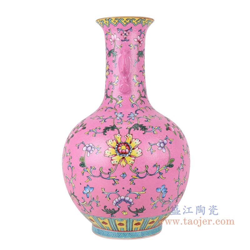 粉彩珐琅彩粉红底蝙蝠耳扒花缠枝莲双耳赏瓶;产品编号：RYLW26       产品尺寸(单位cm):  高：41.3直径：24.8口径：底径：13.9重量：3.25KG