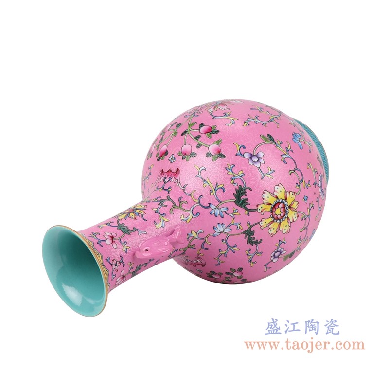 粉彩珐琅彩粉红底蝙蝠耳扒花缠枝莲双耳赏瓶;产品编号：RYLW26       产品尺寸(单位cm):  高：41.3直径：24.8口径：底径：13.9重量：3.25KG