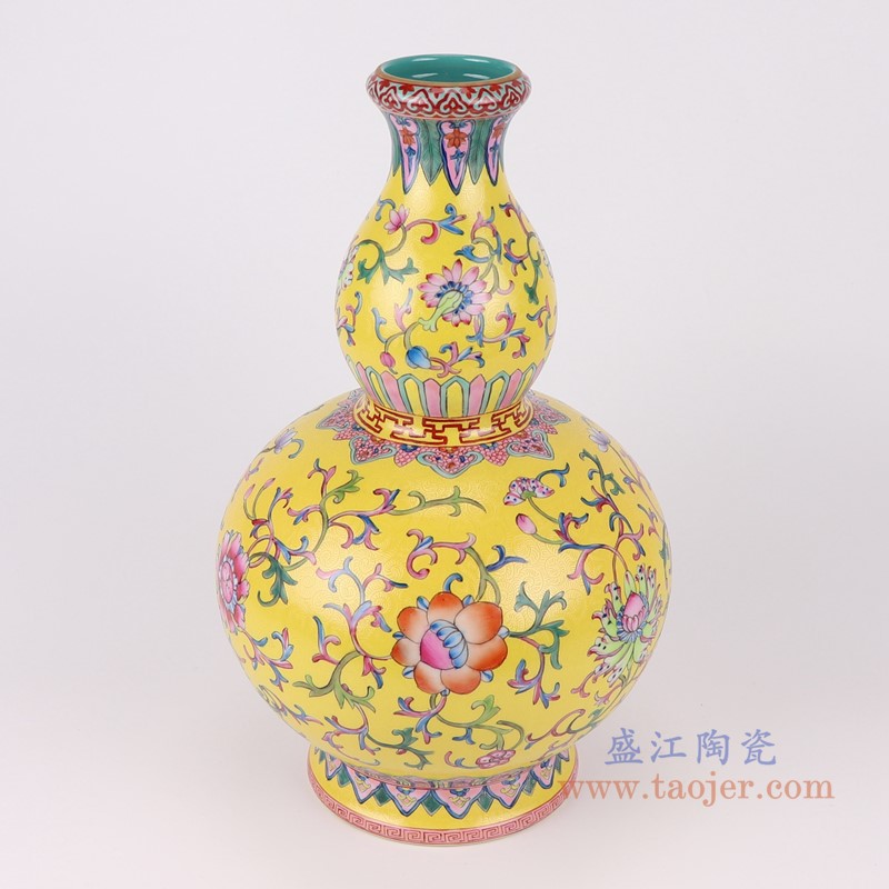 粉彩珐琅彩黄底扒花缠枝莲葫芦瓶;产品编号:RYLW27 产品尺寸(单位cm): 高:37.6直径:22.9口径:底径:14.5重量:3.7KG