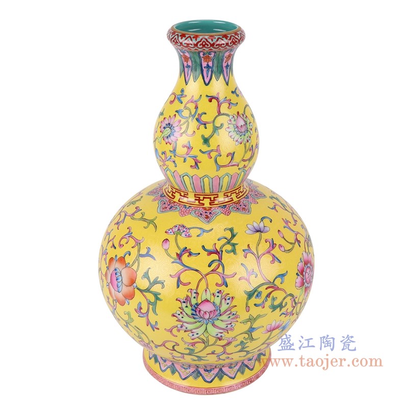 粉彩珐琅彩黄底扒花缠枝莲葫芦瓶;产品编号:RYLW27 产品尺寸(单位cm): 高:37.6直径:22.9口径:底径:14.5重量:3.7KG