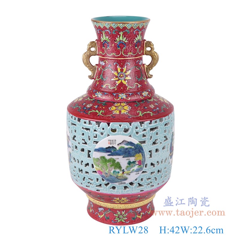 粉彩珐琅彩红蓝底扒花缠枝莲镂空雕刻开窗山水双耳套瓶转心瓶;产品编号:RYLW28 产品尺寸(单位cm): 高:42直径:22.6口径:底径:15重量:5.85KG