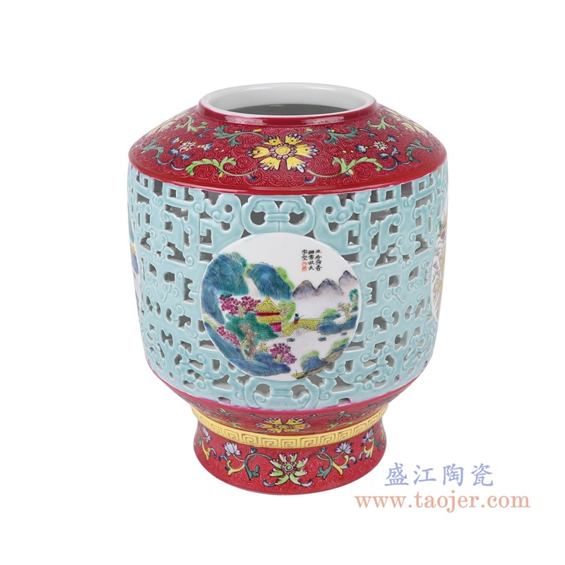粉彩珐琅彩红蓝底扒花缠枝莲镂空雕刻开窗山水双耳套瓶转心瓶;产品编号:RYLW28 产品尺寸(单位cm): 高:42直径:22.6口径:底径:15重量:5.85KG
