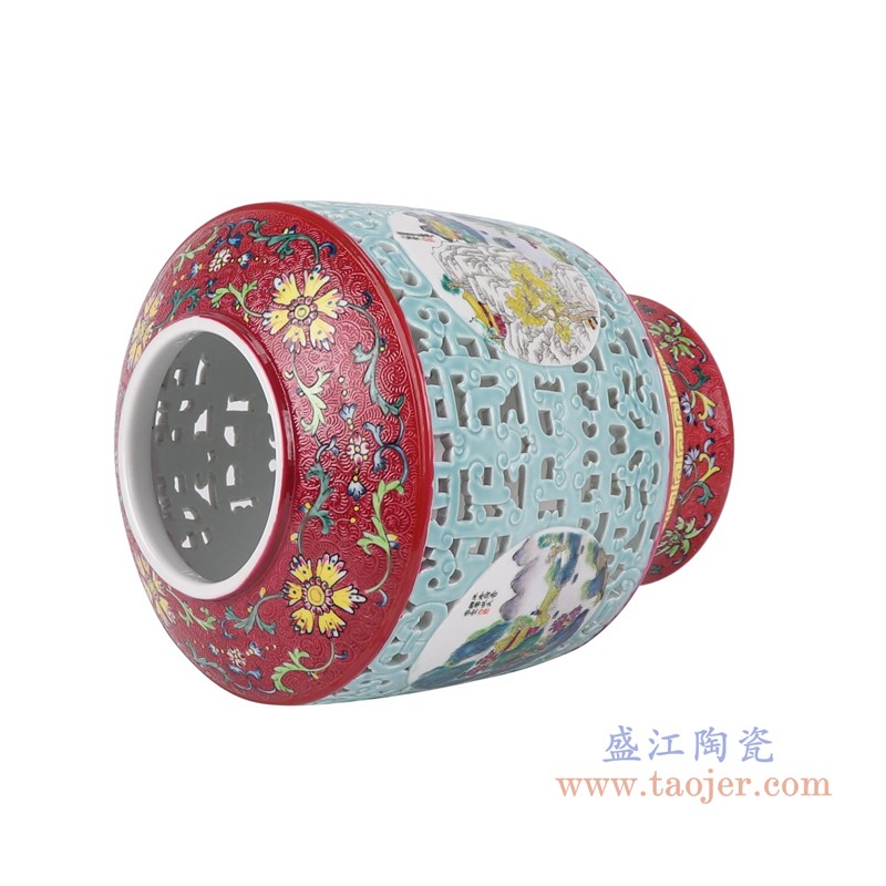 粉彩珐琅彩红蓝底扒花缠枝莲镂空雕刻开窗山水双耳套瓶转心瓶;产品编号:RYLW28 产品尺寸(单位cm): 高:42直径:22.6口径:底径:15重量:5.85KG