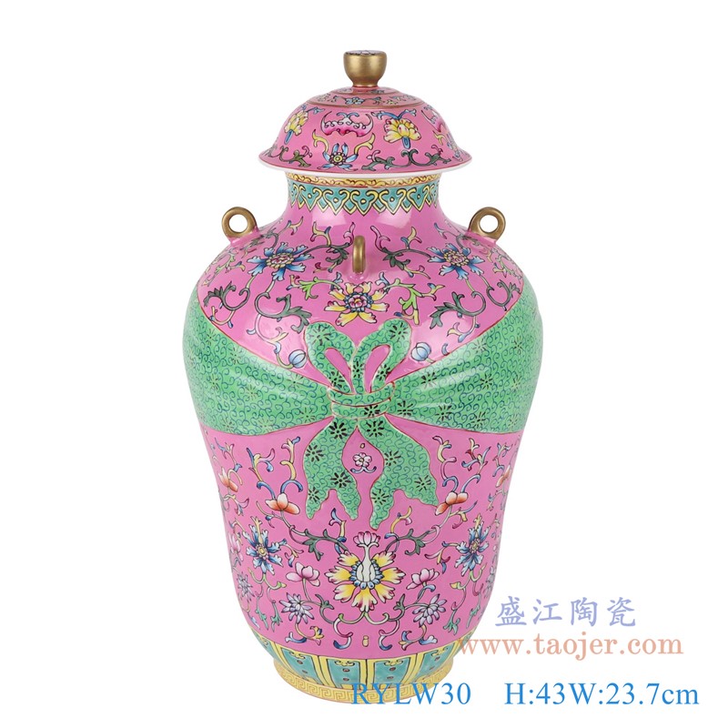 粉彩珐琅彩红底缠枝莲镀金四耳盖罐包袱甁将军罐;产品编号:RYLW30 产品尺寸(单位cm): 高:43直径:23.7口径:底径:12.9重量:4.85KG