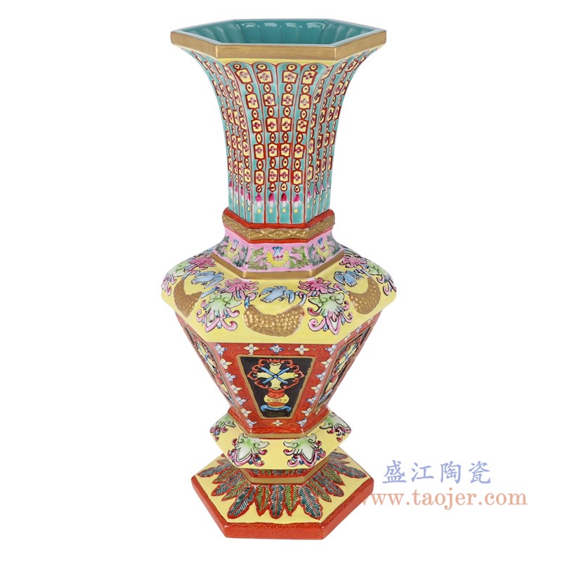 粉彩珐琅彩缠枝莲开窗博古纹六方花菇瓶;产品编号：RYLW31       产品尺寸(单位cm):  高：43.2直径：20.6口径：底径：16.9重量：3.5KG