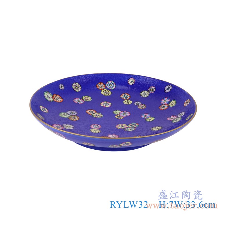 粉彩珐琅彩蓝底扒花莲花盘子;产品编号:RYLW32 产品尺寸(单位cm): 高:7直径:33.6口径:底径:21.5重量:2.1KG