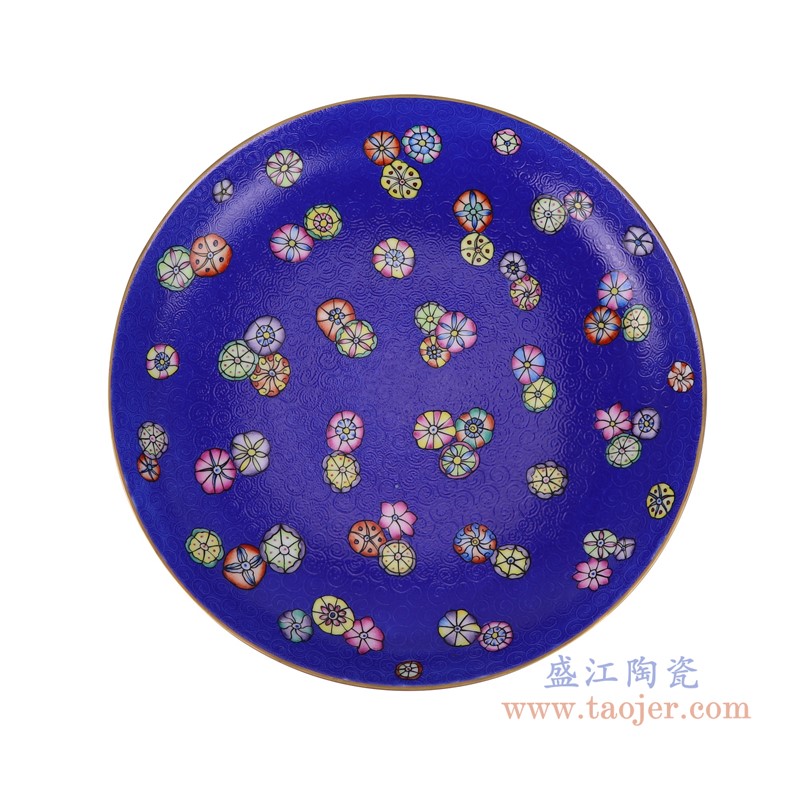 粉彩珐琅彩蓝底扒花莲花盘子;产品编号:RYLW32 产品尺寸(单位cm): 高:7直径:33.6口径:底径:21.5重量:2.1KG