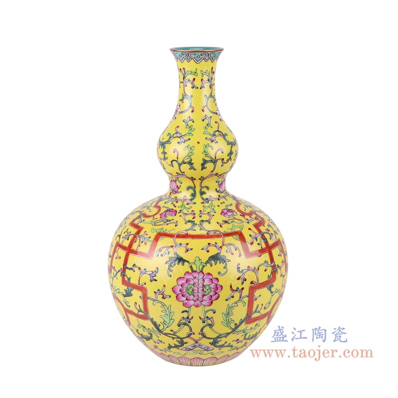 粉彩珐琅彩黄底扒花缠枝莲葫芦瓶;产品编号：RYLW34-A       产品尺寸(单位cm):  高：39.1直径：23.2口径：底径：12重量：3.5KG