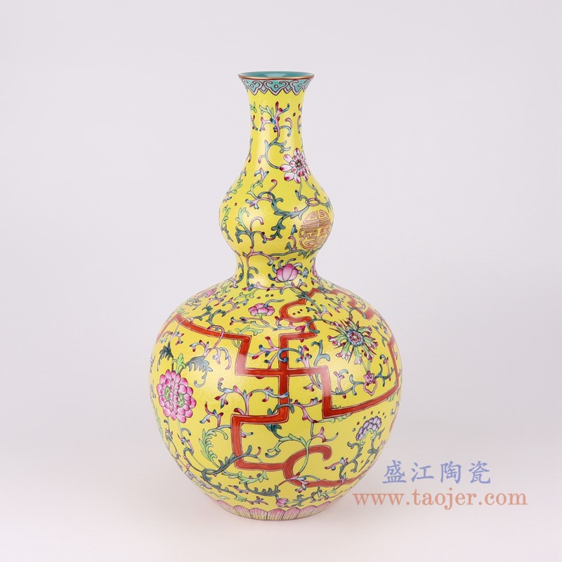 粉彩珐琅彩黄底扒花缠枝莲葫芦瓶;产品编号：RYLW34-A       产品尺寸(单位cm):  高：39.1直径：23.2口径：底径：12重量：3.5KG