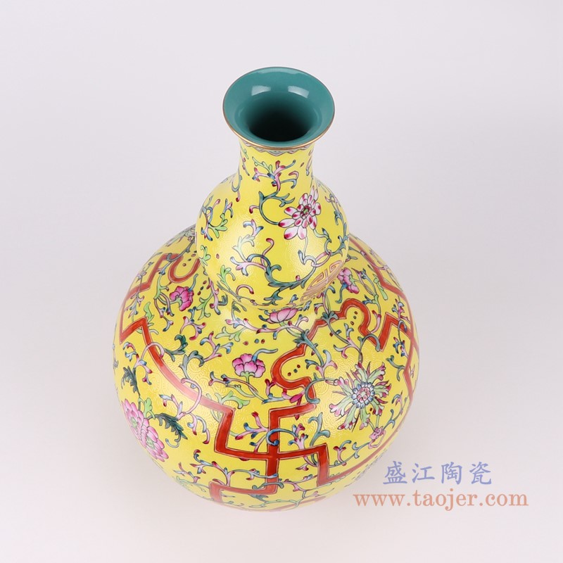 粉彩珐琅彩黄底扒花缠枝莲葫芦瓶;产品编号：RYLW34-A       产品尺寸(单位cm):  高：39.1直径：23.2口径：底径：12重量：3.5KG