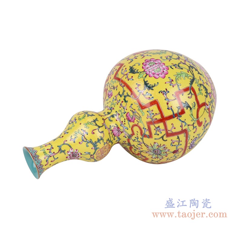 粉彩珐琅彩黄底扒花缠枝莲葫芦瓶;产品编号：RYLW34-A       产品尺寸(单位cm):  高：39.1直径：23.2口径：底径：12重量：3.5KG