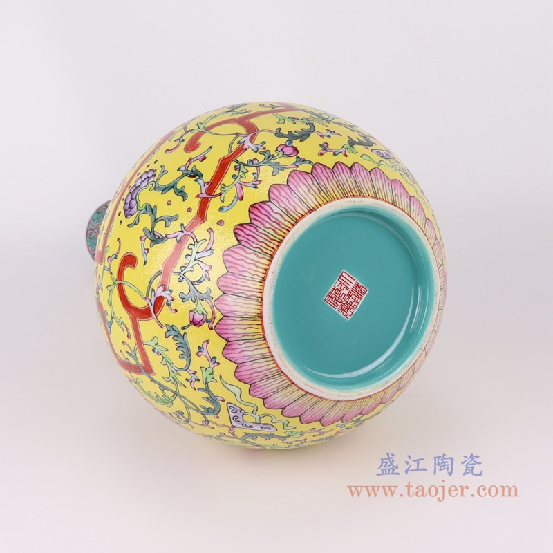 粉彩珐琅彩黄底扒花缠枝莲葫芦瓶;产品编号：RYLW34-A       产品尺寸(单位cm):  高：39.1直径：23.2口径：底径：12重量：3.5KG