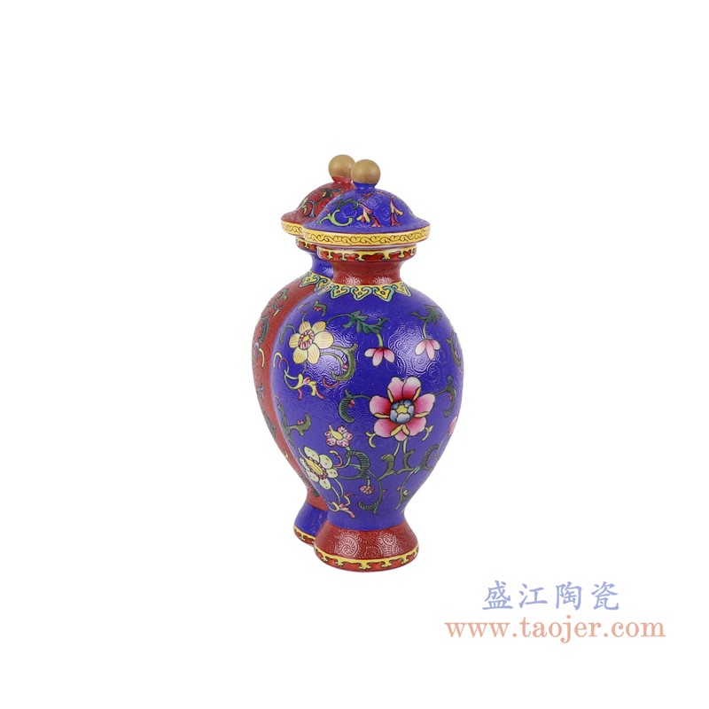 粉彩珐琅彩红蓝双胞胎扒花缠枝莲双将军罐大号;产品编号:RYLW35-L 产品尺寸(单位cm): 高:30直径:18.5口径:底径:12.5重量:2KG