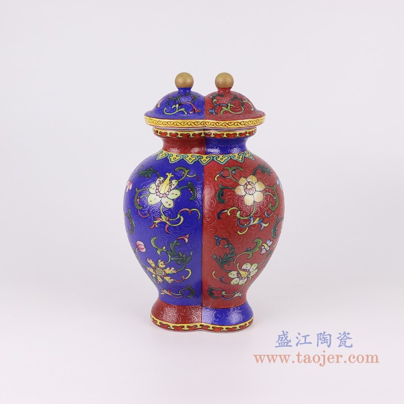 粉彩珐琅彩红蓝双胞胎扒花缠枝莲双将军罐大号;产品编号:RYLW35-L 产品尺寸(单位cm): 高:30直径:18.5口径:底径:12.5重量:2KG