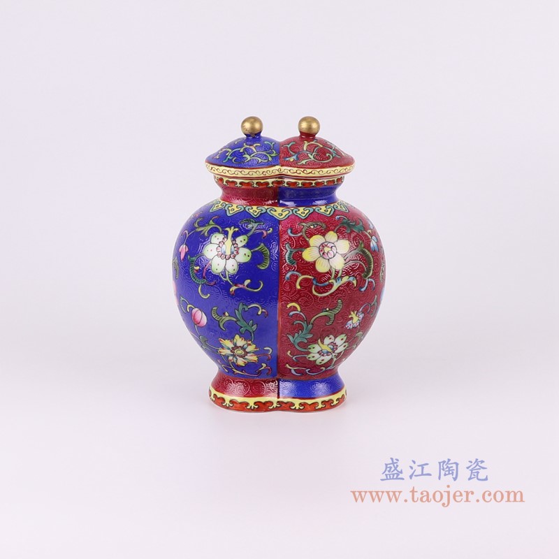 粉彩珐琅彩红蓝双胞胎扒花缠枝莲双将军罐小号;产品编号:RYLW35-S 产品尺寸(单位cm): 高:22直径:15.8口径:底径:10.4重量:1.05KG