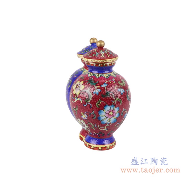 粉彩珐琅彩红蓝双胞胎扒花缠枝莲双将军罐小号;产品编号:RYLW35-S 产品尺寸(单位cm): 高:22直径:15.8口径:底径:10.4重量:1.05KG