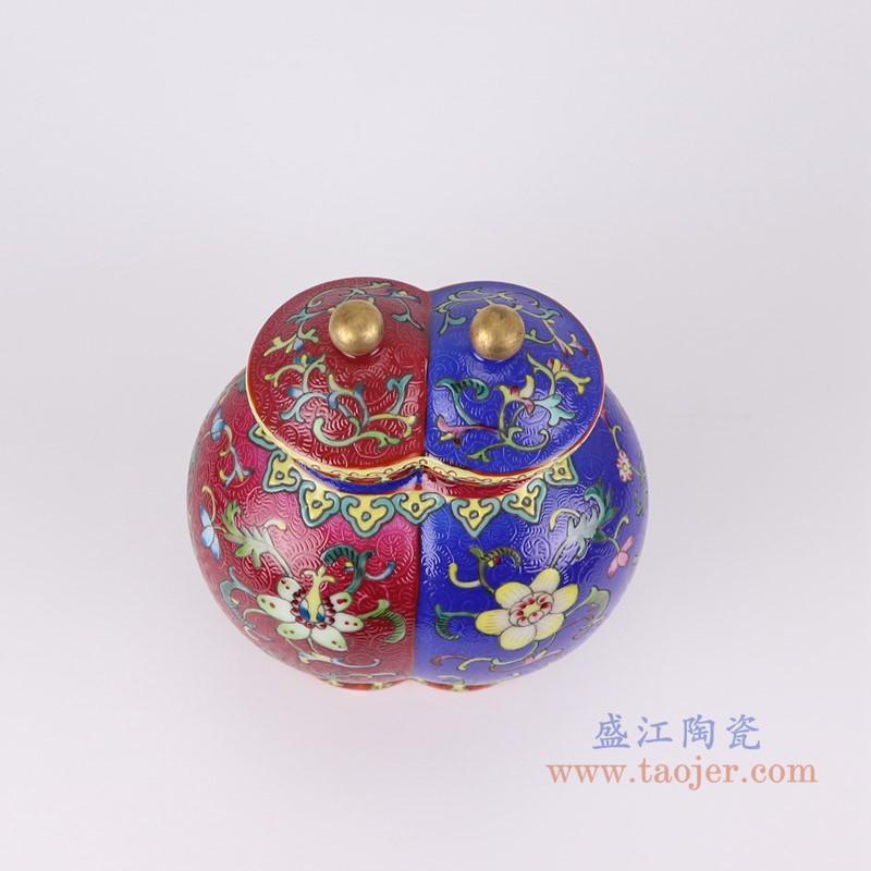 粉彩珐琅彩红蓝双胞胎扒花缠枝莲双将军罐小号;产品编号:RYLW35-S 产品尺寸(单位cm): 高:22直径:15.8口径:底径:10.4重量:1.05KG
