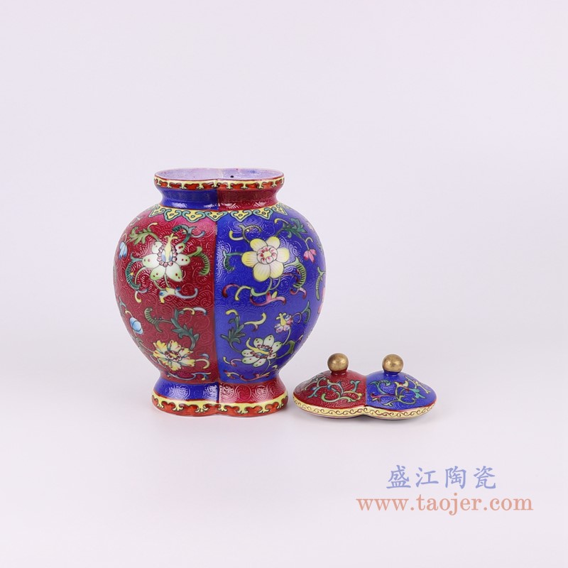 粉彩珐琅彩红蓝双胞胎扒花缠枝莲双将军罐小号;产品编号:RYLW35-S 产品尺寸(单位cm): 高:22直径:15.8口径:底径:10.4重量:1.05KG