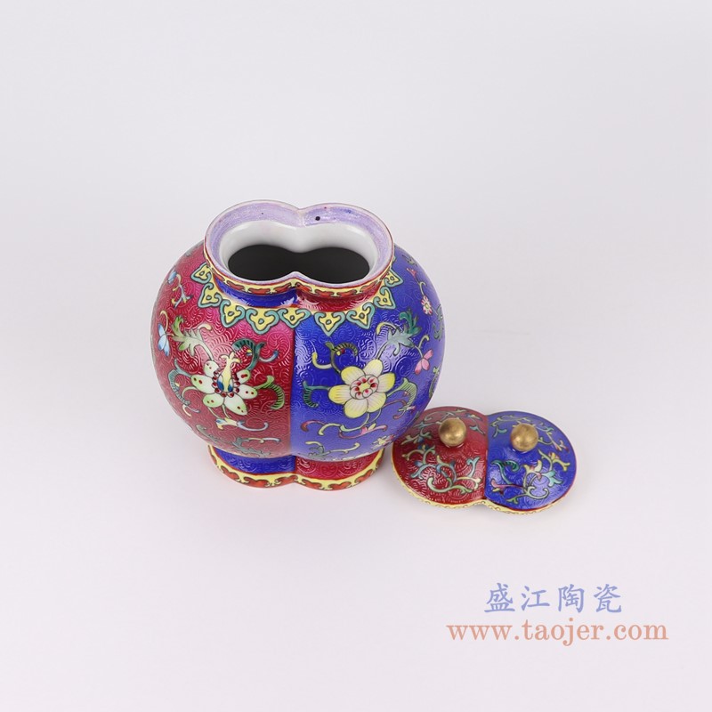 粉彩珐琅彩红蓝双胞胎扒花缠枝莲双将军罐小号;产品编号:RYLW35-S 产品尺寸(单位cm): 高:22直径:15.8口径:底径:10.4重量:1.05KG