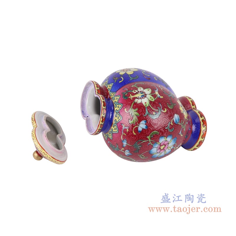 粉彩珐琅彩红蓝双胞胎扒花缠枝莲双将军罐小号;产品编号:RYLW35-S 产品尺寸(单位cm): 高:22直径:15.8口径:底径:10.4重量:1.05KG